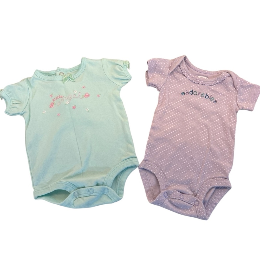 2 Carter’s Baby Girl Onesies Teal Little Angel and Purple Polka Dot Adorable